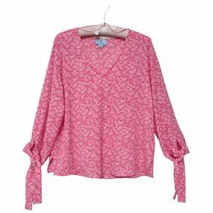 CECE Pink Blouse V-Neck Lightweight Floral Oversized Top Size L Sleeves with Bow